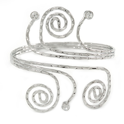 Silver Tone Hammered Circles And Swirls, Crystal Upper Arm/ Armlet Bracelet - Adjustable