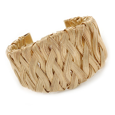 Wide Woven Wire Cuff Bangle In Gold Plated Metal - Adjustable