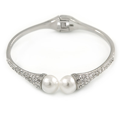 Delicate Crystal Simulated Glass Pearl Bead Hinged Bangle Bracelet In Rhodium Plating - 18cm L