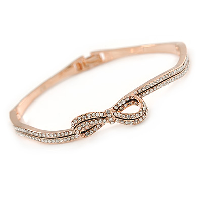 Delicate Rose Gold Tone Crystal Bow Bangle Bracelet - 18cm L
