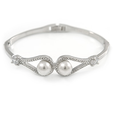 Elegant Double Loop Glass Pearl, Clear Crystal Bangle Bracelet In Rhodium Plated Metal - 17cm L (For Smaller Hands)