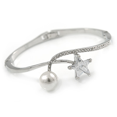 Elegant Clear Crystal, Cz Star, Glass Pearl Bangle Bracelet In Rhodium Plating - 18cm L