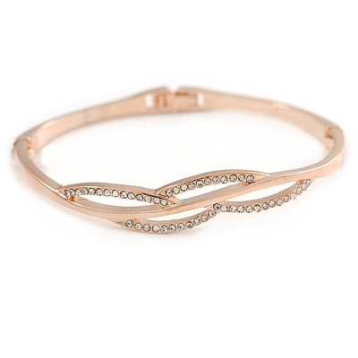 Delicate Clear Crystal Curved Bangle Bracelet In Rose Gold Tone Metal - 18cm L