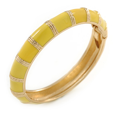 Lemon Yellow Enamel Hinged Bangle Bracelet In Gold Plating - 19cm L