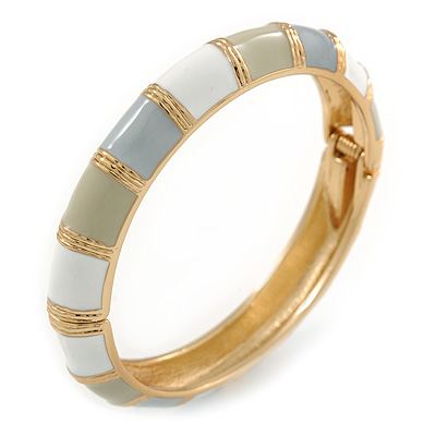 White/ Ash Grey/ Beige Enamel Hinged Bangle Bracelet In Gold Plating - 19cm L
