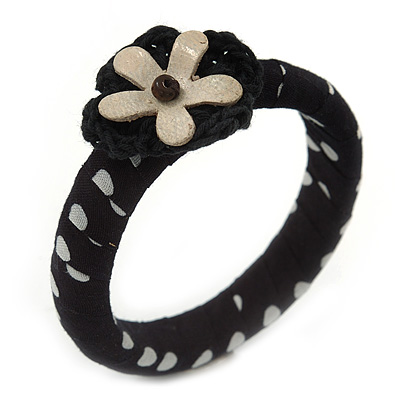 Black/ White Polka Dot Fabric Bangle with Croshet/ Leather Flower - 17cm L