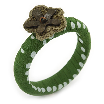 Grass Green/ White Polka Dot Fabric Bangle with Crochet/ Leather Flower - 17cm L