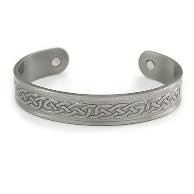 Men Women Celtic Pattern Copper Magnetic Cuff Bracelet with Two Magnets in Pewter Finish - Adjustable Size - 7½