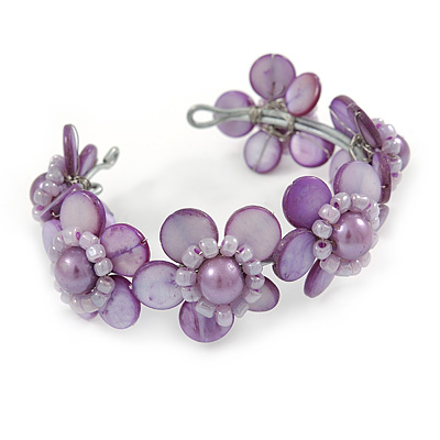 Lavender Purple Shell Floral Cuff Bracelet - Adjustable