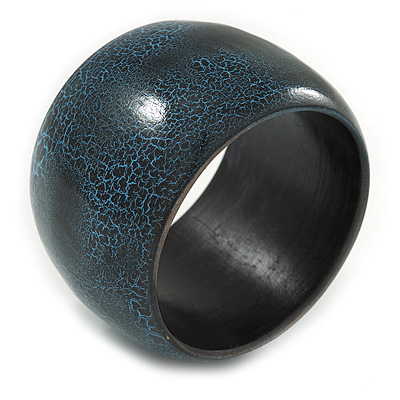 Wide Chunky Cracked Effect Wood Bracelet Bangle (Teal Blue/ Black) - Medium - 19cm L - main view