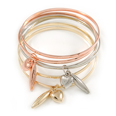 Set Of 6 Rose Gold/ Silver/ Gold Tone Slip-On Bangle Bracelets with Heart Charms - 17cm L/ For Small Wrist