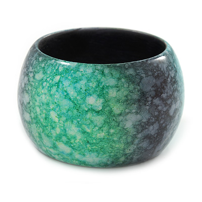 Chunky Wide Green/ Black Marble Effect Wood Bangle Bracelet - 18cm L/ Medium - main view