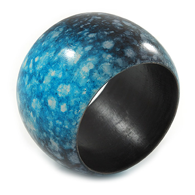 Chunky Wide Teal Blue/ Black Marble Effect Wood Bangle Bracelet - 17cm L/ Medium