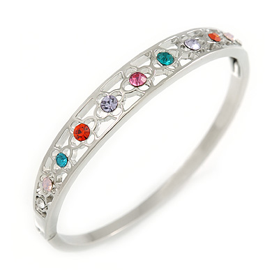 Multicoloured Crystal Floral Bangle Bracelet In Polished Silver Tone - 19cm L