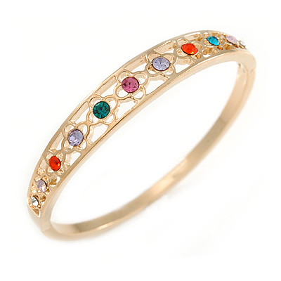 Multicoloured Crystal Floral Bangle Bracelet In Polished Gold Tone - 19cm L - main view