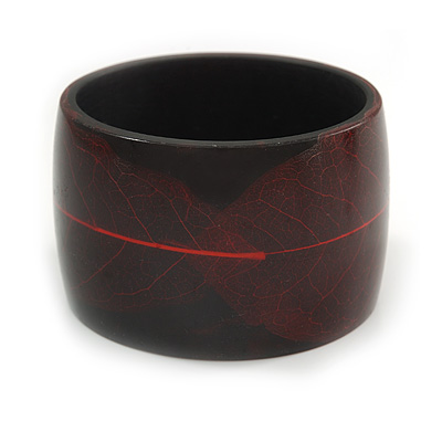 Chunky Acrylic Bangle Bracelet with Leaf Motif (Black/ Red) - 17cm L (Medium)