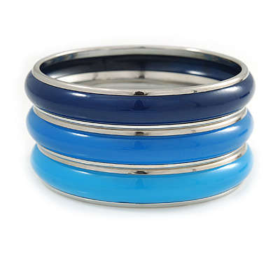 Set Of 3 Blue Enamel Slip-On Bangle Bracelets In Silver Tone Metal - 20cm L