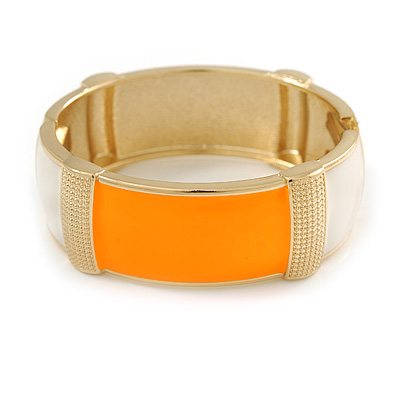 Orange/ Off White Enamel Oval Hinged Bangle Bracelet In Gold Tone Metal - 18cm L