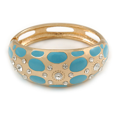 Statement Gold Tone Crystal with Blue Enamel Dots Oval Hinged Bangle Bracelet - 18cm L