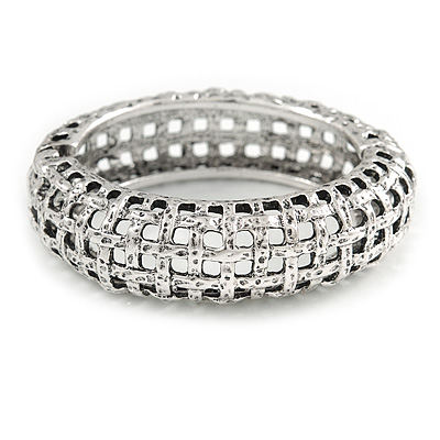 Vintage Inspired 'Basket-Work' Effect Chunky Hinged Oval Bangle Bracelet In Antique Silver Tone - 19cm L - main view