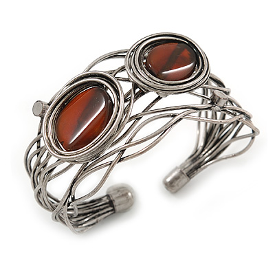 Vintage Inspired Brown Semiprecious Stone Wire Cuff Bracelet/ Bangle - Silver Tone - Adjustable