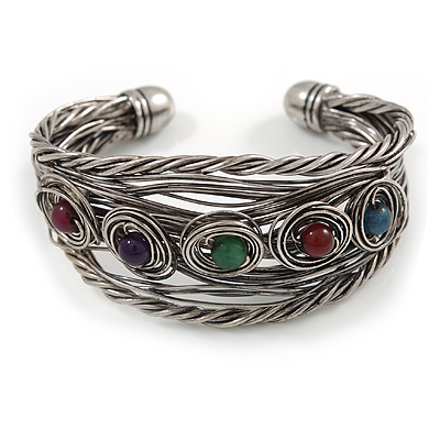 Vintage Inspired Multicoloured Semiprecious Stone Wire Cuff Bracelet/ Bangle - Silver Tone - Adjustable