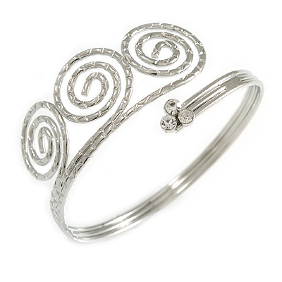 Silver Tone Textured Crystal 'Twirly' Upper Arm Bracelet Armlet - 28cm Long - Adjustable - main view