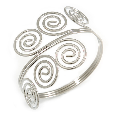 Greek Style Twirl Polished Upper Arm, Armlet Bracelet In Silver Tone - Adjustable