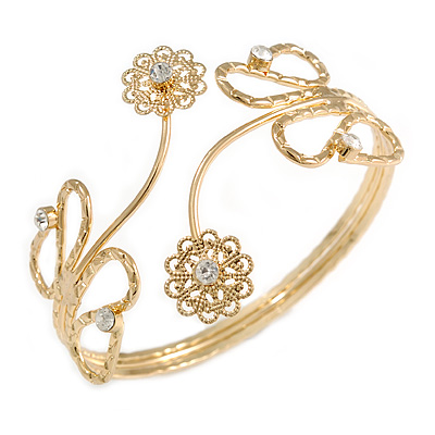 Gold Plated Textured 'Flowers & Twirls' Diamante Upper Arm Bracelet Armlet - Adjustable - main view