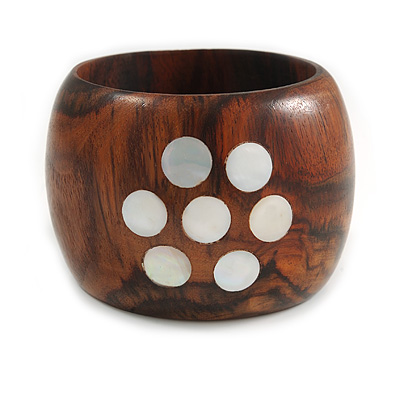 Wide Chunky Wood Shell Dotted Bangle - 18cm Long