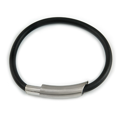 Black Rubberized Magnetic Costume Bracelet In Silver Tone - 20cm Long