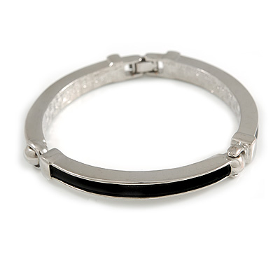 Rhodium Plated Bar with Black Rubber Element Fashion Bangle - 19cm Long