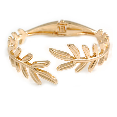 Gold Tone Floral Hinged Bangle Bracelet - 19cm Long - main view