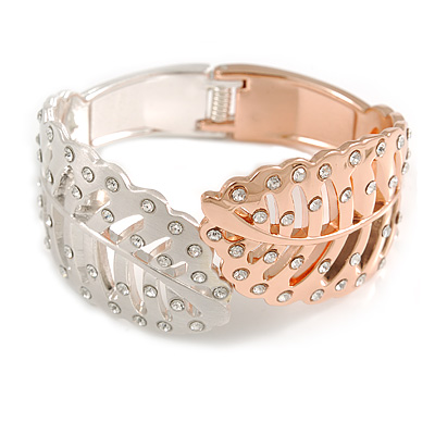 Statement Double Leaf Clear Crystal Hinged Bangle Bracelet in Silver/ Rose Gold Tone - 17cm Long - main view