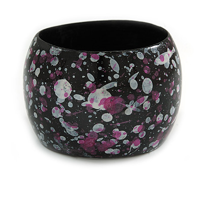 Wide Chunky Wooden Bangle Bracelet Abstract Pattern in Black/ White/ Pink - Medium Size - main view