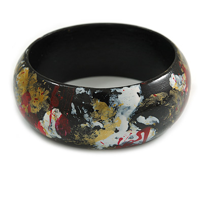 Wooden Bangle Bracelet in Abstract Paint in Black/ Gold/ White/ Red - Medium Size - main view