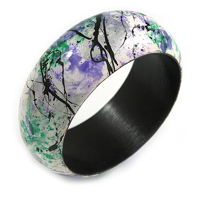 Round Wooden Bangle Bracelet in Abstract Paint in White/ Black/ Green/ Purple - Medium Size - main view