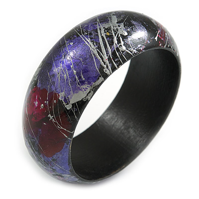 Round Wooden Bangle Bracelet in Abstract Paint in Pink/ Black/ Purple/ Silver- Medium Size