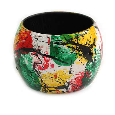 Wide Chunky Wooden Bangle Bracelet in Abstract Paint in Multi - Medium Size