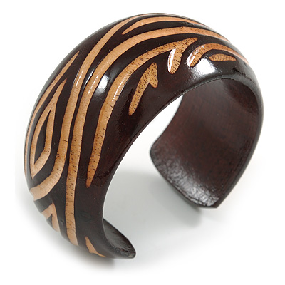 Wide Chunky Wooden Cuff Bracelet/ Bangle with Curvy Lines Pattern/ Medium /Possible Natural Irregularities