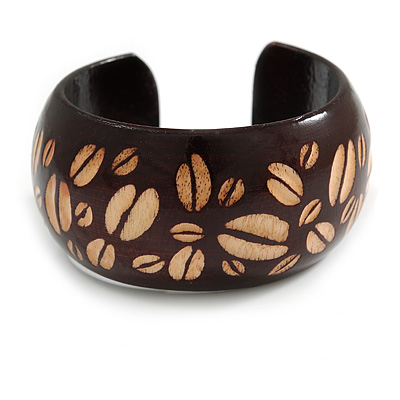 Wide Chunky Wooden Cuff Bracelet/ Bangle with Coffee Beans Motif/ Medium /Possible Natural Irregularities - main view