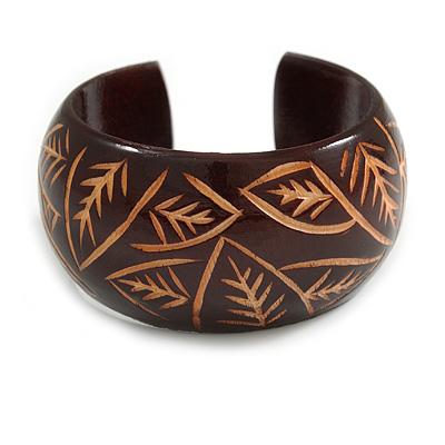 Wide Chunky Wooden Cuff Bracelet/ Bangle with Leaf Motif/ Medium /Possible Natural Irregularities - main view