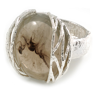 240g Bold Chunky Light Grey Resin Stone Textured Hinged Bangle Braclet in Light Silver Tone - Size M/L