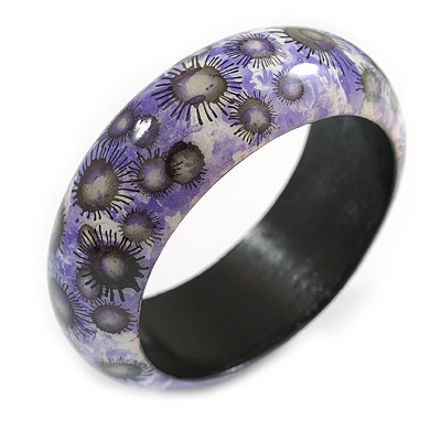 Round Wood Bangle Bracelet with Sunflower Floral Pattern in Purple/Black/White (Possible Natural Irregularities) - M Size