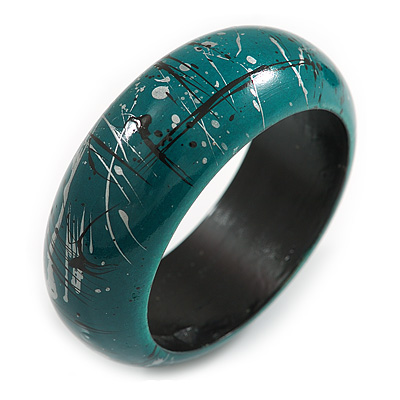 Round Wooden Bangle Bracelet with Abstract Motif Painted in Green/Metallic Silver/Black Colours - Medium Size