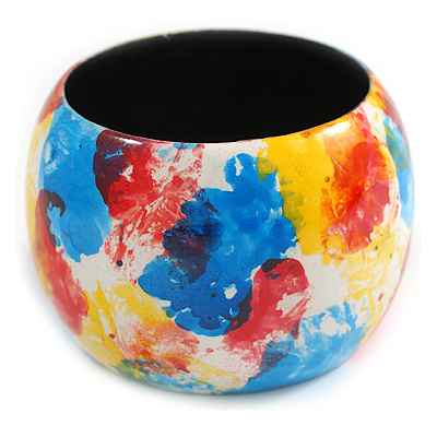 Multicoloured Wide Chunky Wooden Bangle Bracelet with Smudged Pattern - Medium Size