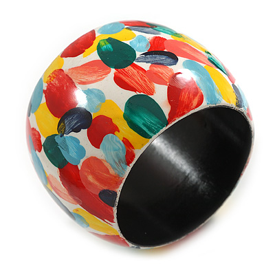 Multicoloured Wide Chunky Wooden Bangle Bracelet with Spotty Pattern - Small Size