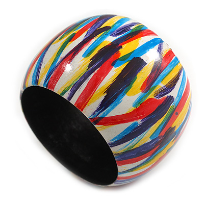 Multicoloured Wide Chunky Wooden Bangle Bracelet with Stripy Pattern - Small Size - main view