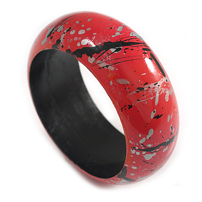 Round Wooden Bangle Bracelet with Abstract Motif Painted in Pink/Metallic Silver/Black Colours - Medium Size