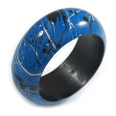 Round Wooden Bangle Bracelet with Abstract Motif Painted in Blue/Metallic Silver/Black Colours - Medium Size